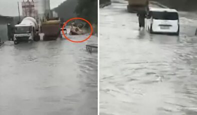 Kemerburgaz yolu göle döndü, koca kamyon sulara kapıldı