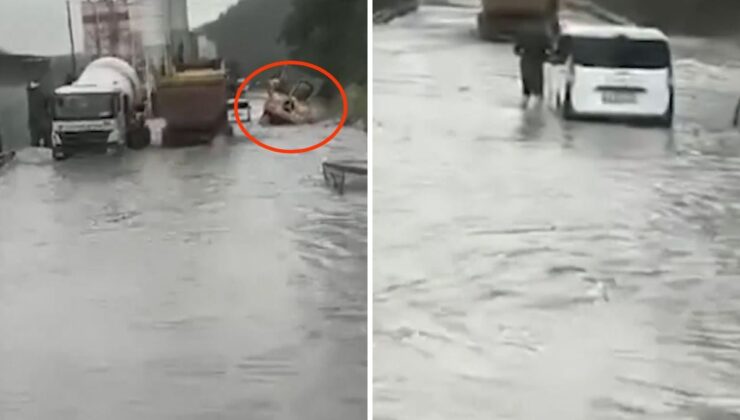 Kemerburgaz yolu göle döndü, koca kamyon sulara kapıldı