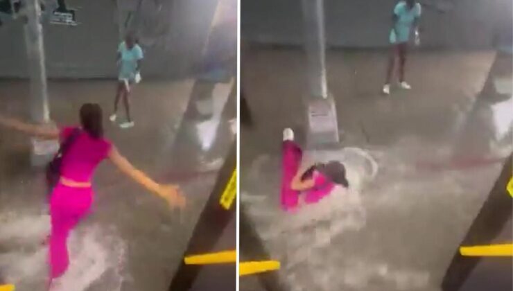 Otobüsten indi, saniyeler içinde akıntıya kapılarak gözden kayboldu