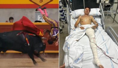 Boğanın hedefi olan genç matador ölümle pençeleşiyor
