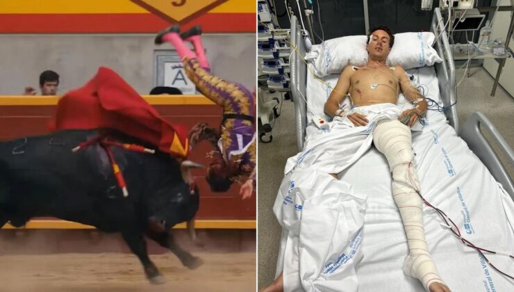 Boğanın hedefi olan genç matador ölümle pençeleşiyor