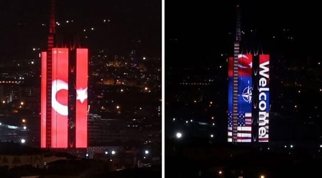 Ankara’da NATO üyesi ülkelerin bayrakları binaya yansıtıldı