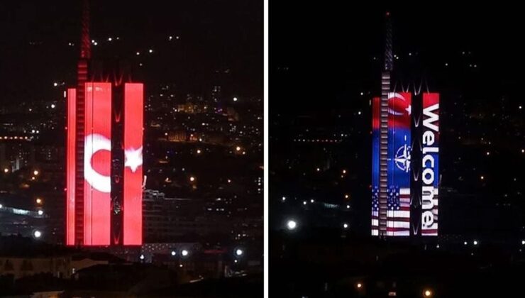Ankara’da NATO üyesi ülkelerin bayrakları binaya yansıtıldı