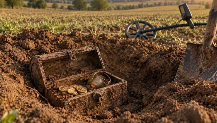 Dedektörle arama yaptığı tarlasında hazine buldu